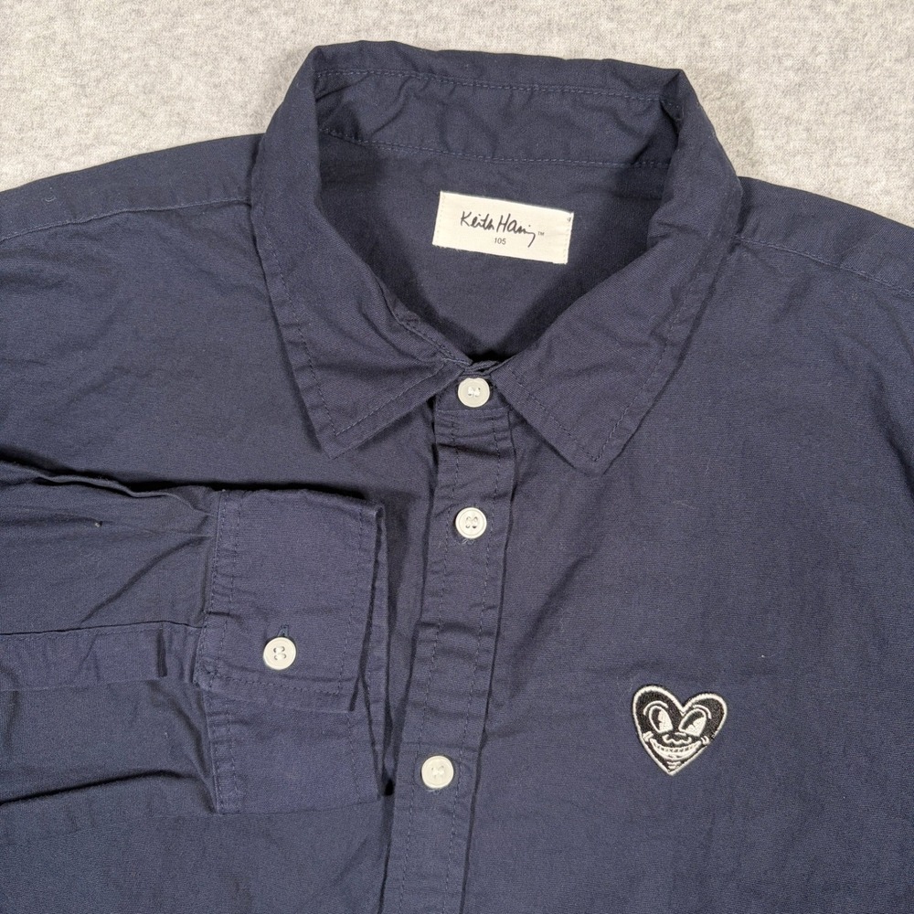 Keith Haring Button Down Shirt Mens XL? Navy Blue Embroidered Heart Long Sleeve